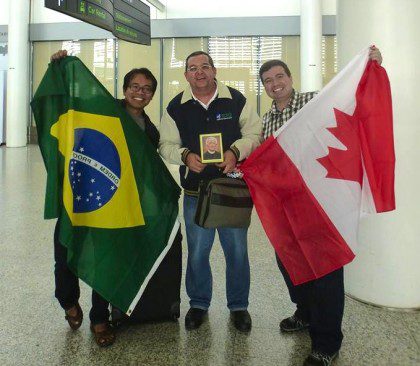 "Welcome to Canada!" Fr. Antonius Purwono and Fr. Willyans Prado Rapozo greet Fr. Bene (center) at the Toronto airport.