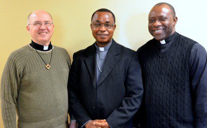 Fr. Steve welcomed Bishop Camillus Raymond Umoh of Ikot Ekpene, Nigeria (center). Fr. Michael Udoekpo of SHSST is on the right. 