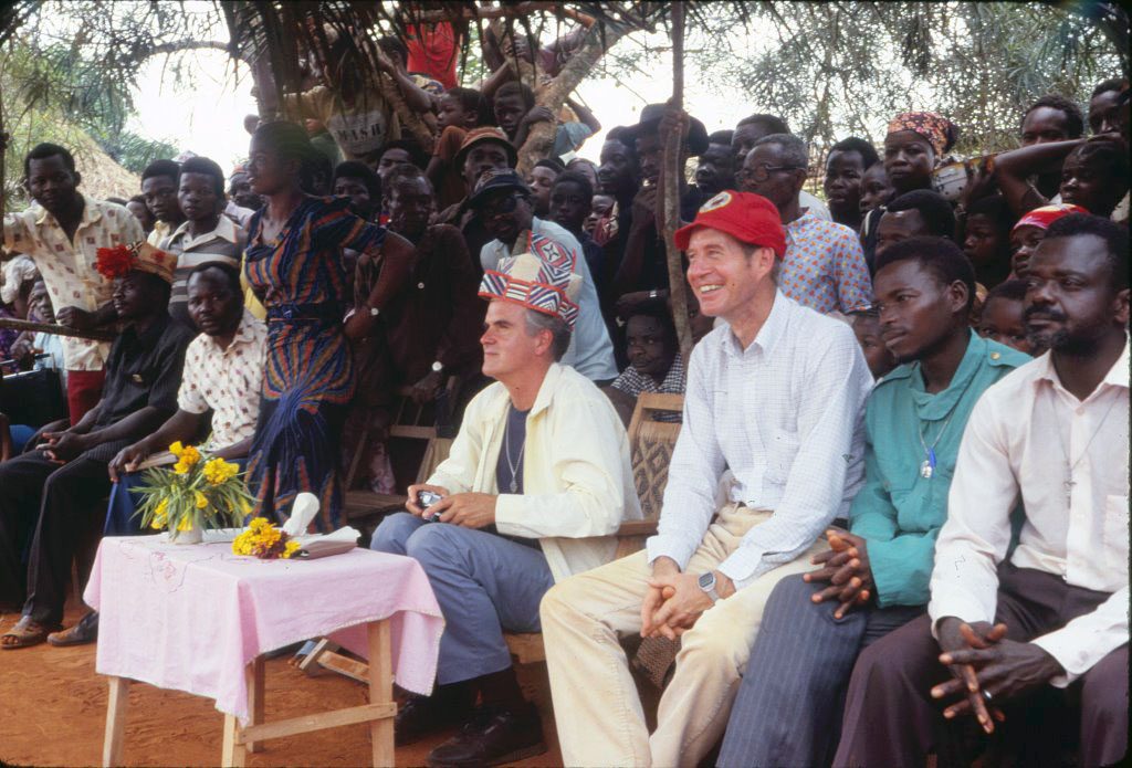 Frs. Johnny Klingler and Leonard Elder during a celebration in Badadeka, Congo (then Zaire). Fr. Johnny was a general councilor at the time, visiting the country and Fr. Leonard was a missionary.