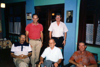 Fr. Leonard (far right) with missionaries in Zaire (Congo) including Fr. Charles Brown (standing, left) and Br. Jerry Selenke (standing right)
