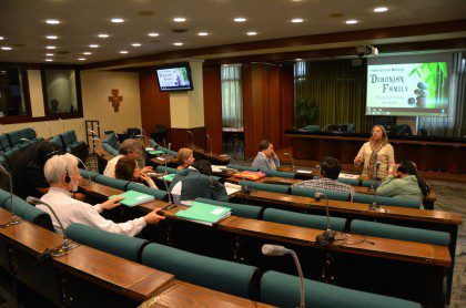 Ida Coelho leads a small group discussion at the International Dehonian Family Conference in Rome last May.