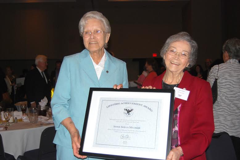 Sr. Adelia Milligan, OSF (right) recently received the President's Volunteer Service Lifetime Achievement award. She is pictured here with Antonienne Thoma, OSF. Both sisters are retiring from SHSM this year.